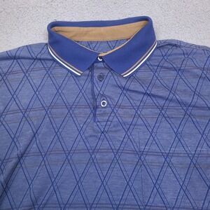 Montechiaro Mens Polo Shirt Large Blue Diamond Pattern Striped Collar Italy READ